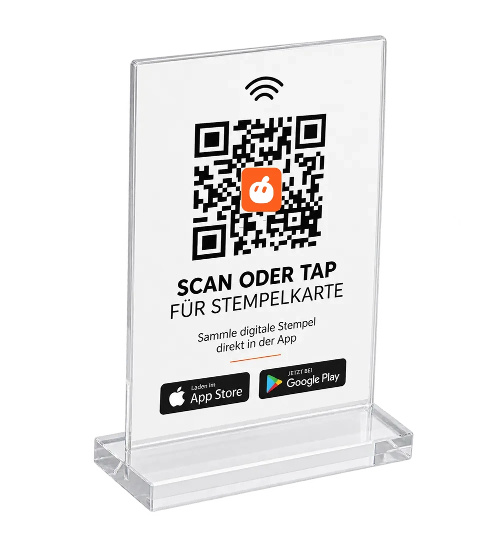 Durchsichtiger Aufsteller mit QR-Code und NFC-Zeichen für die digitale Stempelkarte